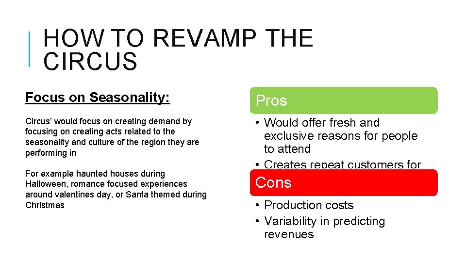 HOW TO REVAMP THE CIRCUS Focus on Seasonality: Pros Circus’ would focus on creating