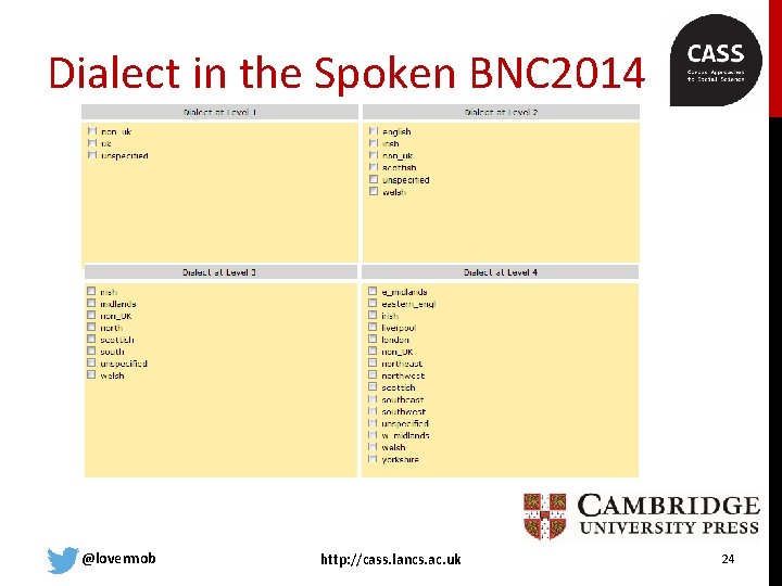 Dialect in the Spoken BNC 2014 @lovermob http: //cass. lancs. ac. uk 24 