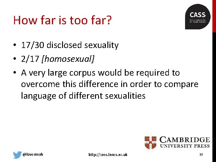 How far is too far? • 17/30 disclosed sexuality • 2/17 [homosexual] • A