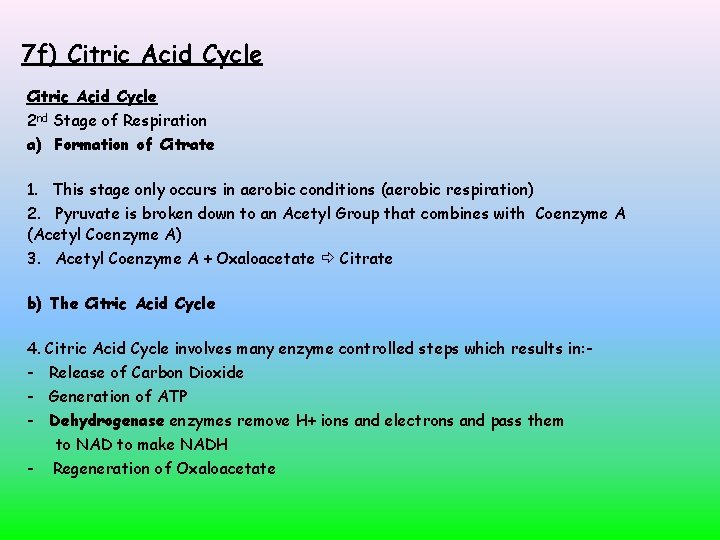 7 f) Citric Acid Cycle 2 nd Stage of Respiration a) Formation of Citrate