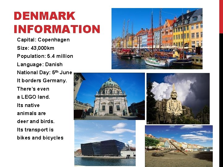 DENMARK INFORMATION Capital: Copenhagen Size: 43, 000 km Population: 5. 4 million Language: Danish