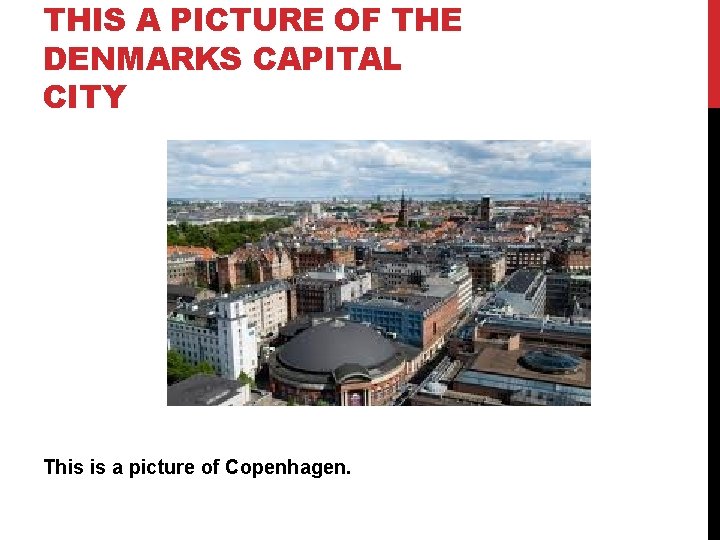 THIS A PICTURE OF THE DENMARKS CAPITAL CITY This is a picture of Copenhagen.