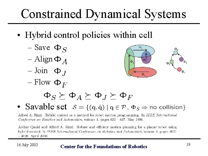 Constrained Dynamical Systems • Hybrid control policies within cell – Save – Align –