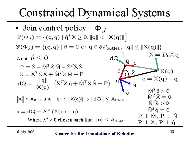 Constrained Dynamical Systems • Join control policy Want Where K* > 0 chosen such