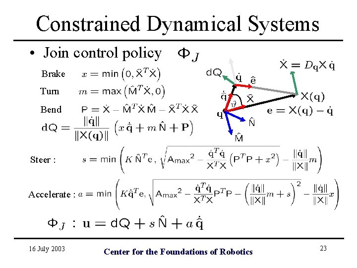 Constrained Dynamical Systems • Join control policy Brake Turn Bend Steer : Accelerate :