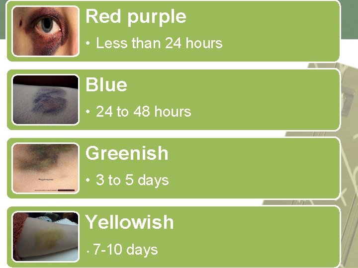 Red purple • Less than 24 hours Blue • 24 to 48 hours Greenish