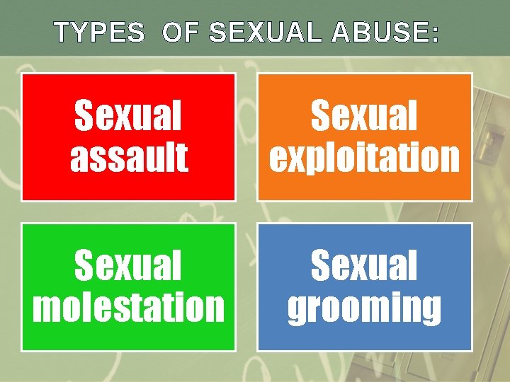 TYPES OF SEXUAL ABUSE: Sexual assault Sexual exploitation Sexual molestation Sexual grooming 