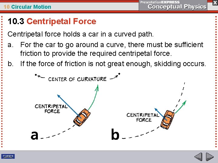 10 Circular Motion 10. 3 Centripetal Force Centripetal force holds a car in a