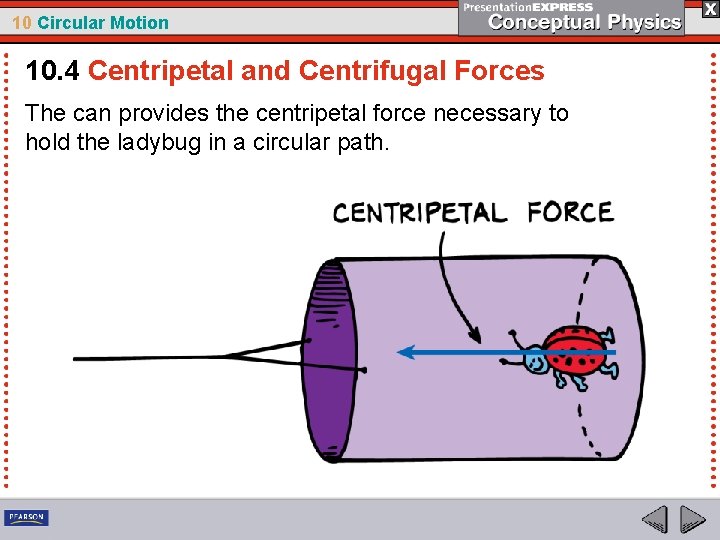 10 Circular Motion 10. 4 Centripetal and Centrifugal Forces The can provides the centripetal