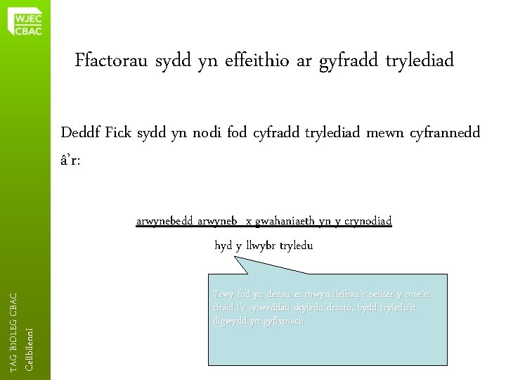 Ffactorau sydd yn effeithio ar gyfradd trylediad Deddf Fick sydd yn nodi fod cyfradd