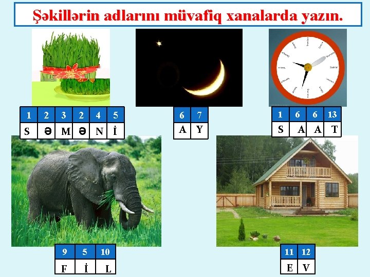 Şəkillərin adlarını müvafiq xanalarda yazın. 1 2 3 2 4 5 S Ə M