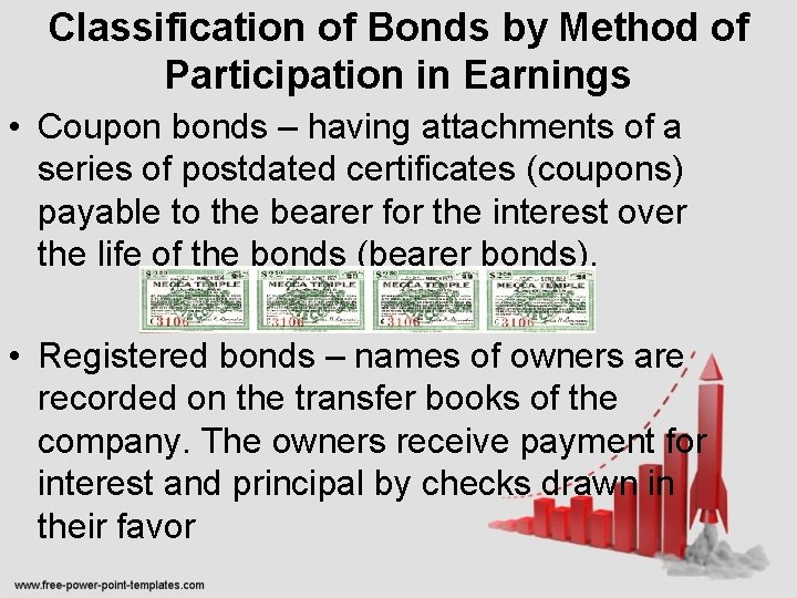 Classification of Bonds by Method of Participation in Earnings • Coupon bonds – having