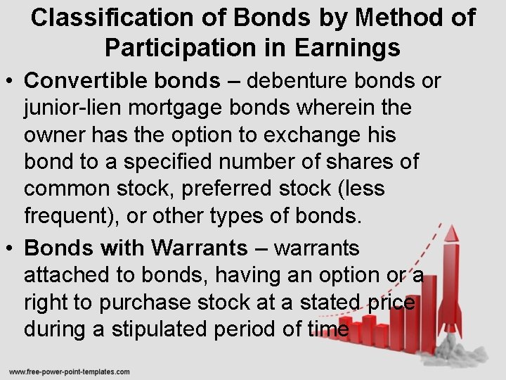 Classification of Bonds by Method of Participation in Earnings • Convertible bonds – debenture