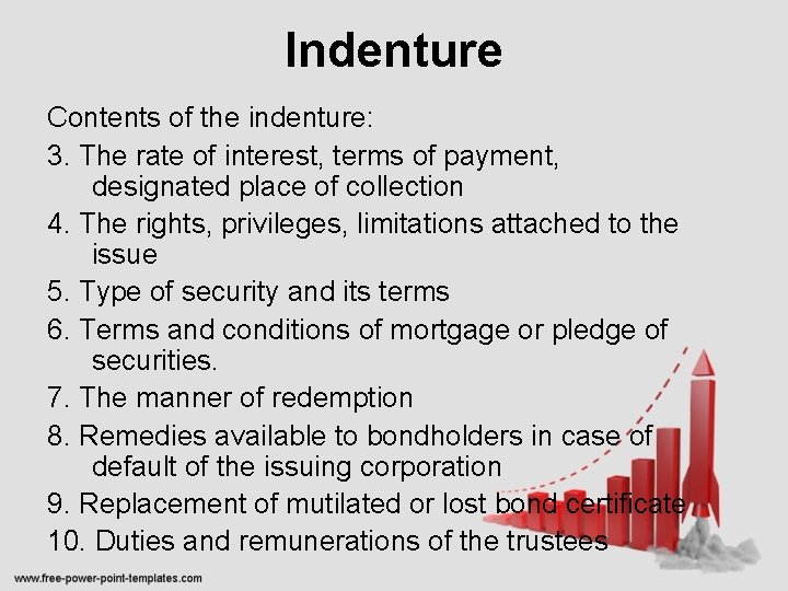 Indenture Contents of the indenture: 3. The rate of interest, terms of payment, designated