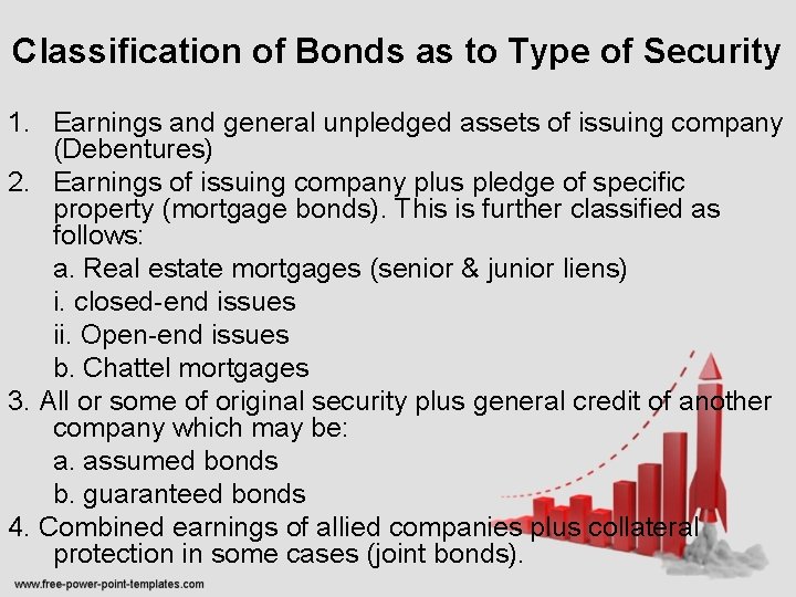 Classification of Bonds as to Type of Security 1. Earnings and general unpledged assets