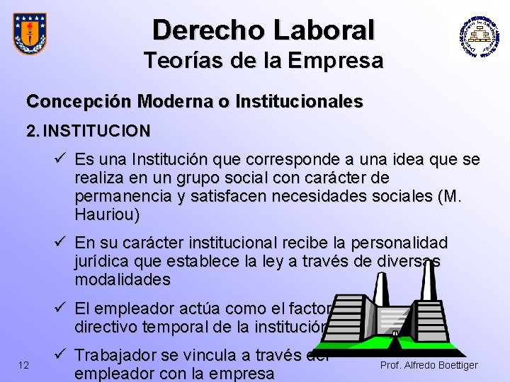 Derecho Laboral Teorías de la Empresa Concepción Moderna o Institucionales 2. INSTITUCION ü Es