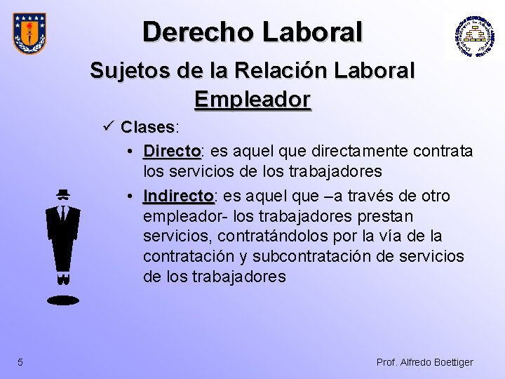 Derecho Laboral Sujetos de la Relación Laboral Empleador 5 ü Clases: Clases • Directo: