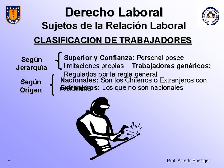 Derecho Laboral Sujetos de la Relación Laboral CLASIFICACION DE TRABAJADORES Según Jerarquía Según Origen