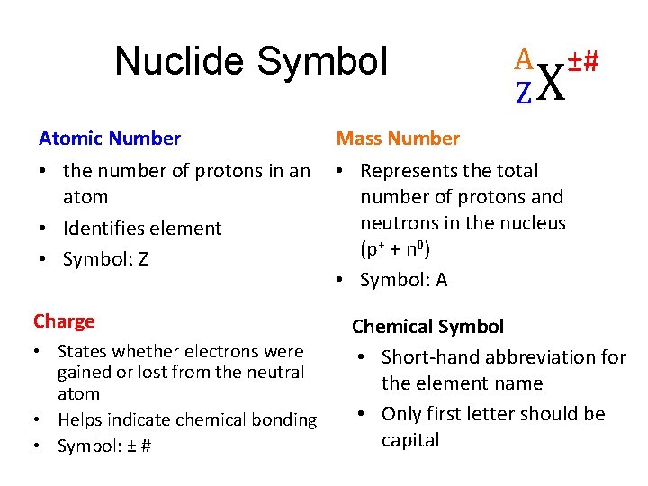 Nuclide Symbol A Z X Atomic Number Mass Number • the number of protons