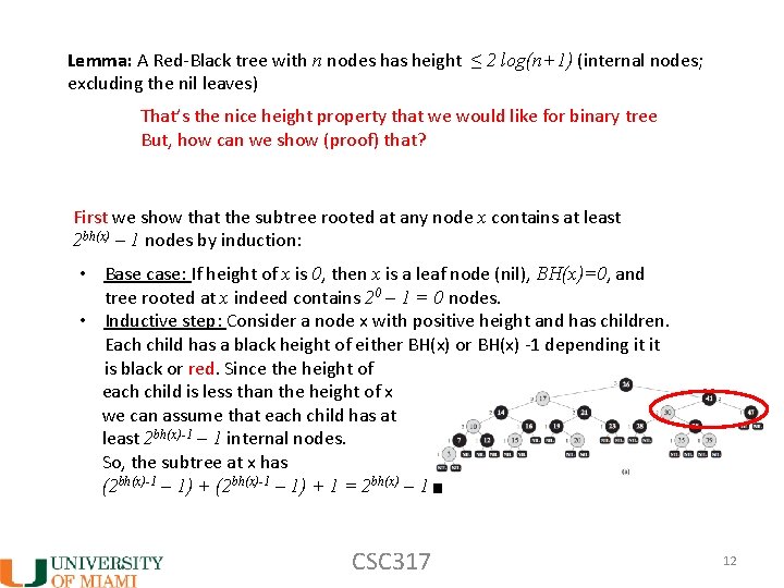 Lemma: A Red-Black tree with n nodes has height ≤ 2 log(n+1) (internal nodes;