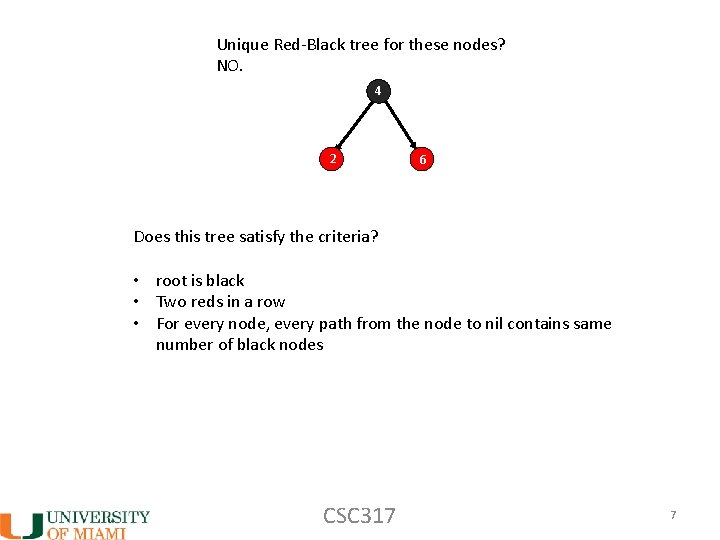 Unique Red-Black tree for these nodes? NO. 4 2 6 Does this tree satisfy