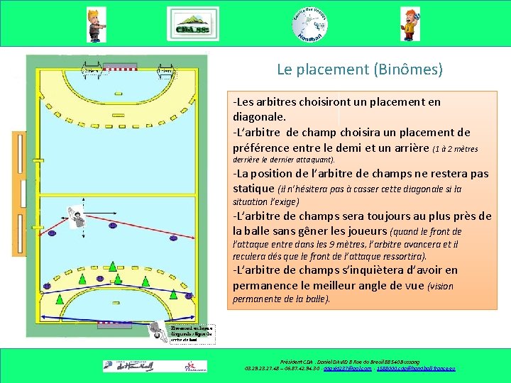 Le placement (Binômes) -Les arbitres choisiront un placement en diagonale. -L’arbitre de champ choisira