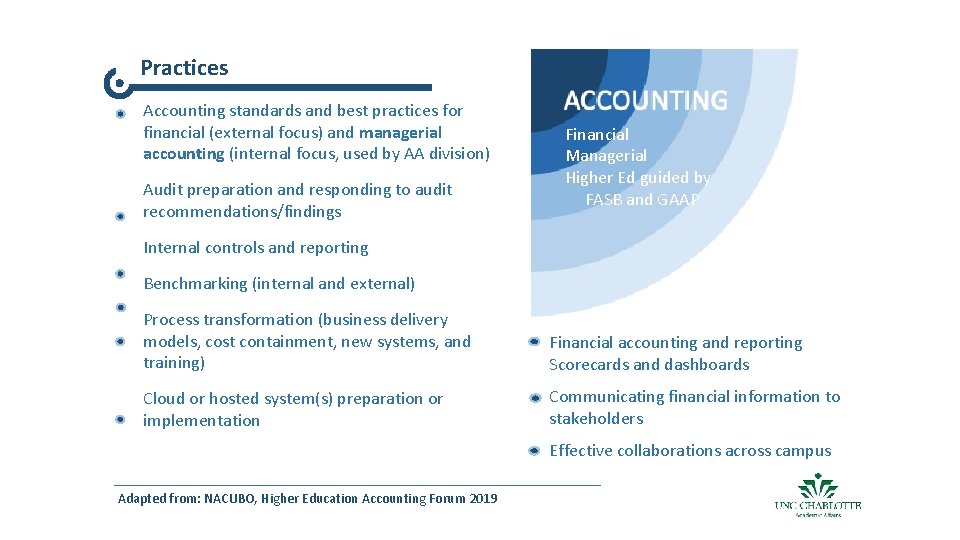 Practices Accounting standards and best practices for financial (external focus) and managerial accounting (internal