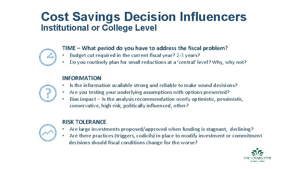 Cost Savings Decision Influencers Institutional or College Level TIME – What period do you