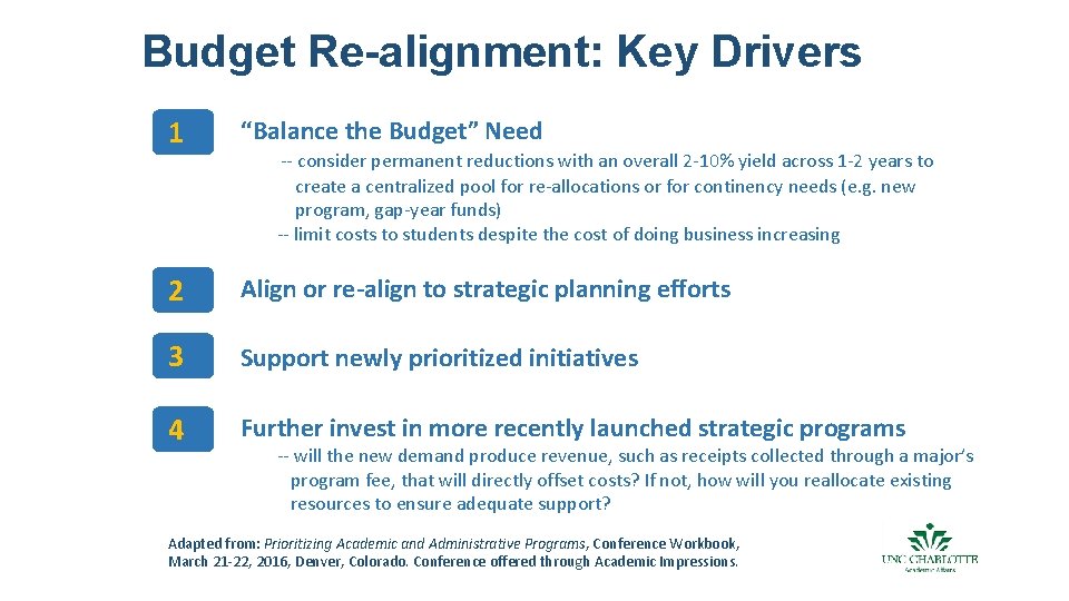 Budget Re-alignment: Key Drivers 1 “Balance the Budget” Need -- consider permanent reductions with