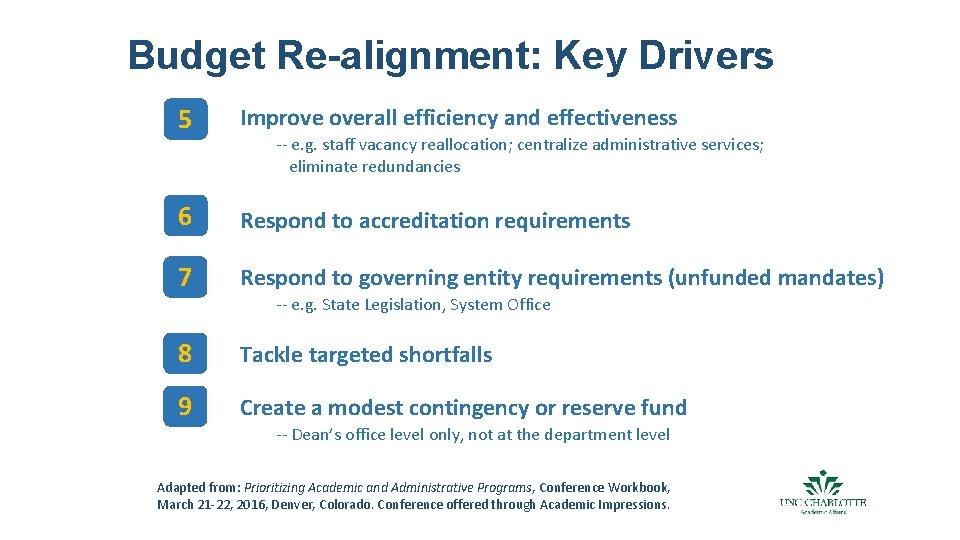Budget Re-alignment: Key Drivers 5 Improve overall efficiency and effectiveness 6 Respond to accreditation