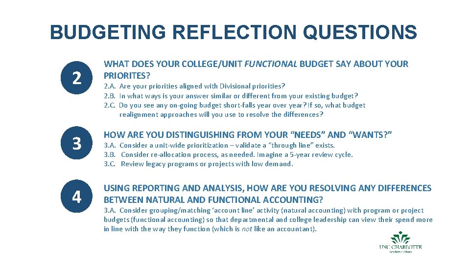 BUDGETING REFLECTION QUESTIONS 2 WHAT DOES YOUR COLLEGE/UNIT FUNCTIONAL BUDGET SAY ABOUT YOUR PRIORITES?