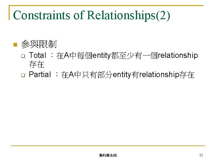 Constraints of Relationships(2) 參與限制 Total ：在A中每個entity都至少有一個relationship 存在 Partial ：在A中只有部分entity有relationship存在 資料庫系統 11 