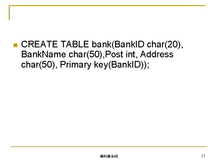  CREATE TABLE bank(Bank. ID char(20), Bank. Name char(50), Post int, Address char(50), Primary