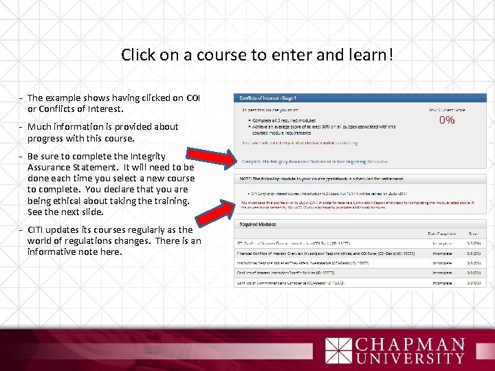 Click on a course to enter and learn! - The example shows having clicked