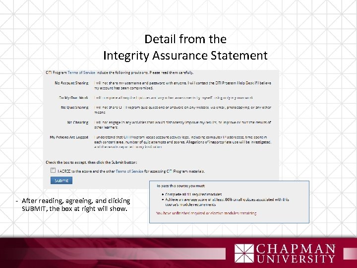 Detail from the Integrity Assurance Statement - After reading, agreeing, and clicking SUBMIT, the