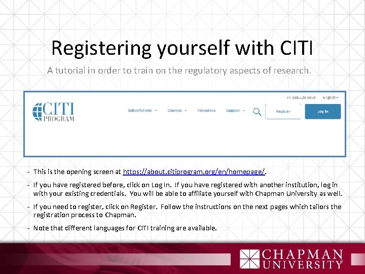 Registering yourself with CITI A tutorial in order to train on the regulatory aspects