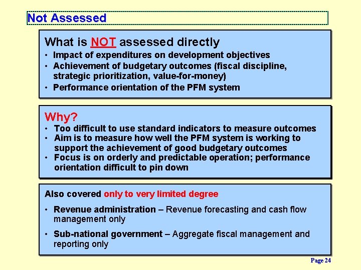 Not Assessed What is NOT assessed directly • Impact of expenditures on development objectives