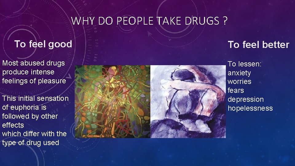 WHY DO PEOPLE TAKE DRUGS ? To feel good Most abused drugs produce intense