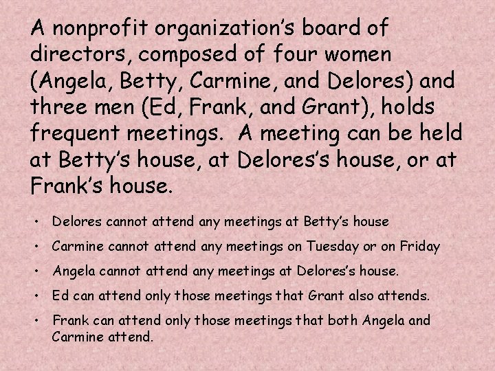 A nonprofit organization’s board of directors, composed of four women (Angela, Betty, Carmine, and