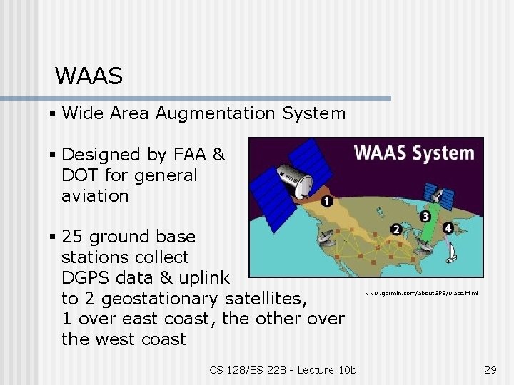 WAAS § Wide Area Augmentation System § Designed by FAA & DOT for general