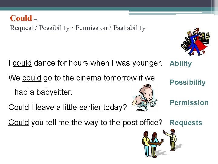 Could – Request / Possibility / Permission / Past ability I could dance for