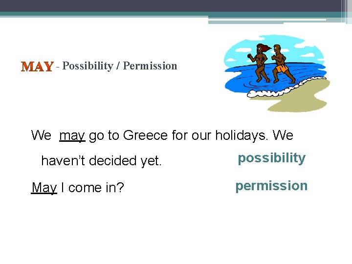 - Possibility / Permission We may go to Greece for our holidays. We haven’t