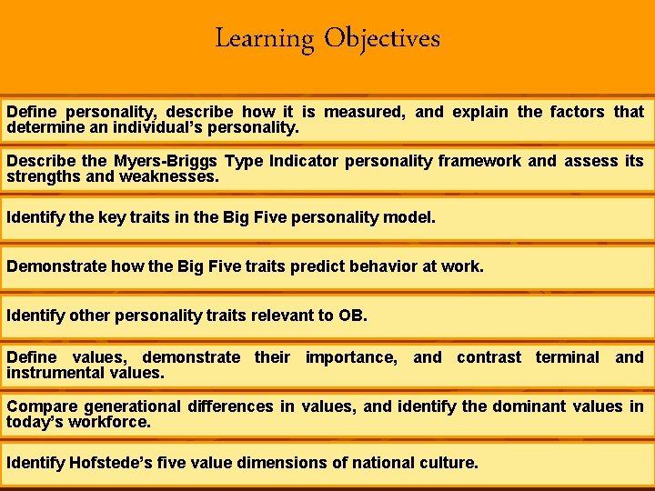 Learning Objectives Define personality, describe how it is measured, and explain the factors that