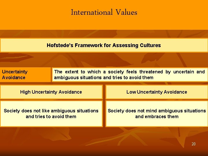 International Values Hofstede’s Framework for Assessing Cultures Uncertainty Avoidance The extent to which a