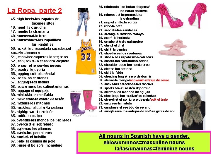 La Ropa, parte 2 45. high heels-los zapatos de tacones altos 46. hood- la