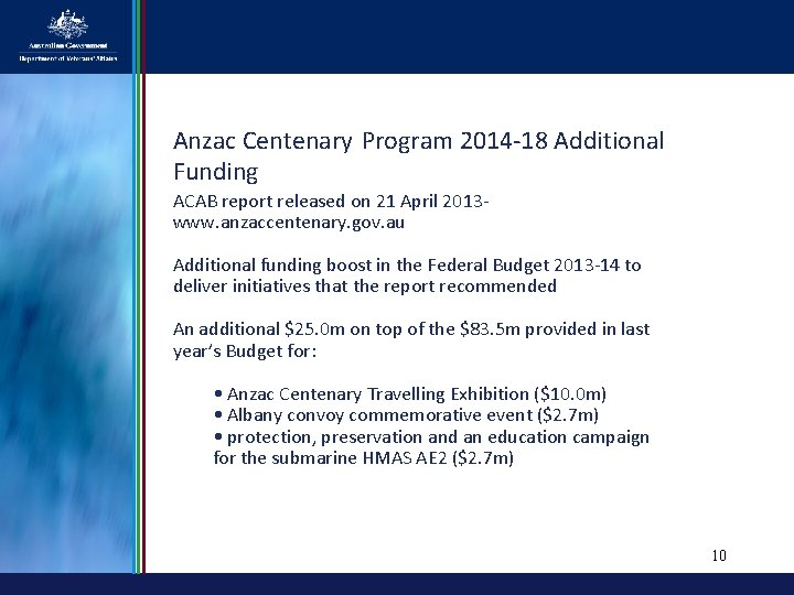 Anzac Centenary Program 2014 -18 Additional Funding ACAB report released on 21 April 2013