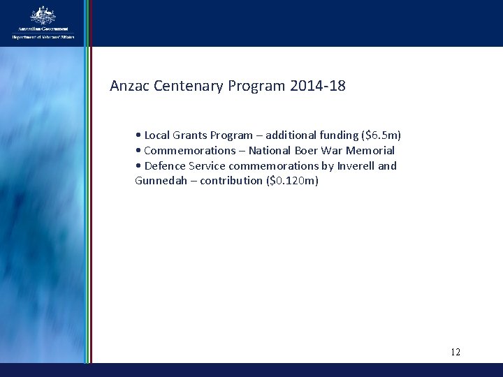 Anzac Centenary Program 2014 -18 • Local Grants Program – additional funding ($6. 5