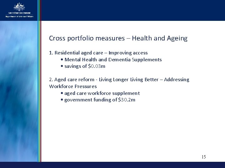 Cross portfolio measures – Health and Ageing 1. Residential aged care – Improving access