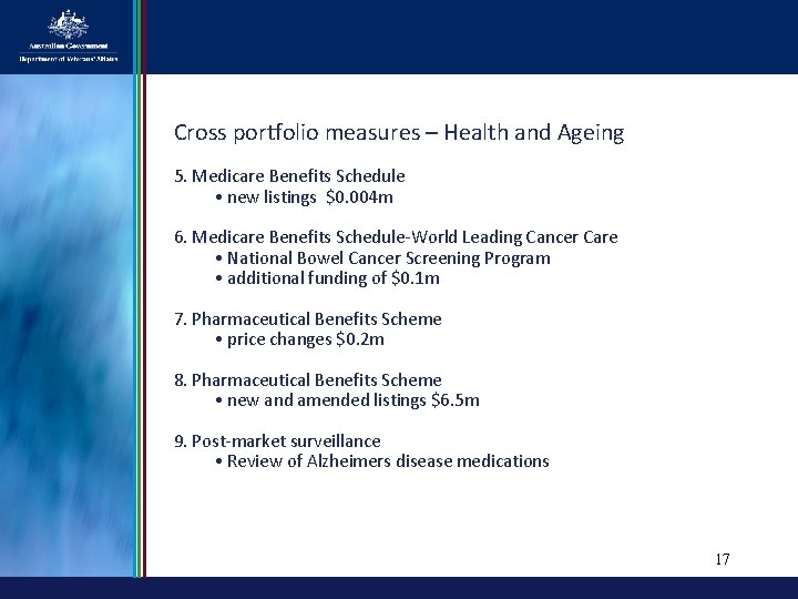Cross portfolio measures – Health and Ageing 5. Medicare Benefits Schedule • new listings
