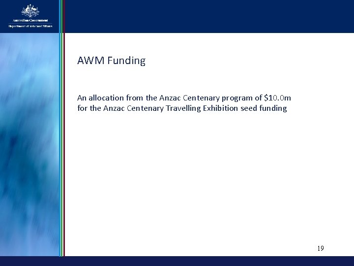 AWM Funding An allocation from the Anzac Centenary program of $10. 0 m for